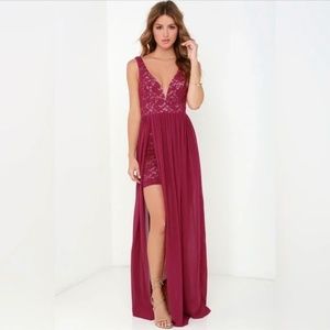 Lulu's Make Way for Wonderful Berry Red Lace Maxi Dress (XS)